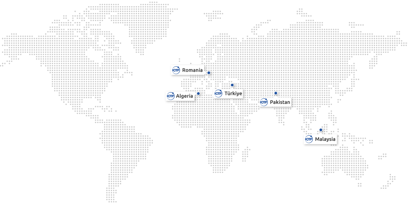 ICTP Affiliated Centres map: Algeria, Malaysia, Pakistan, Romania and Türkiye