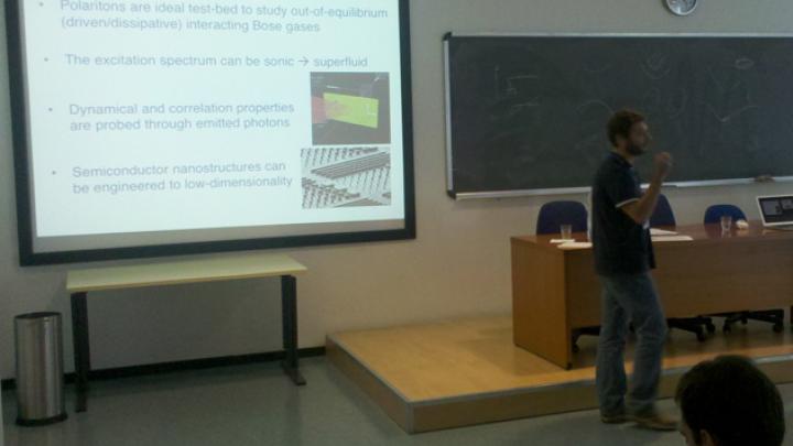 Dario Gerace of Universita di Pavia lecturing at the Workshop on Effective Gravity in Fluids and Superfluids at ICTP 