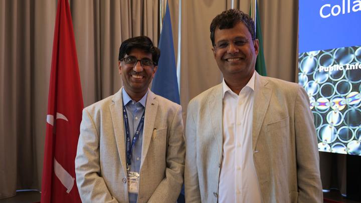 Abhay Karandikar (left), Secretary of India's Department of Science and Technology, with ICTP Director Atish Dabholkar.