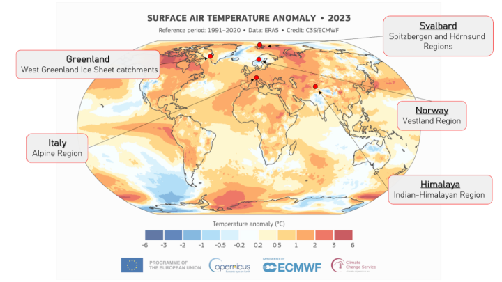 Distribution of selected glaciers to be analysed in the LIQUIDICE project, in the context of 2023 temperature anomalies from Copernicus data