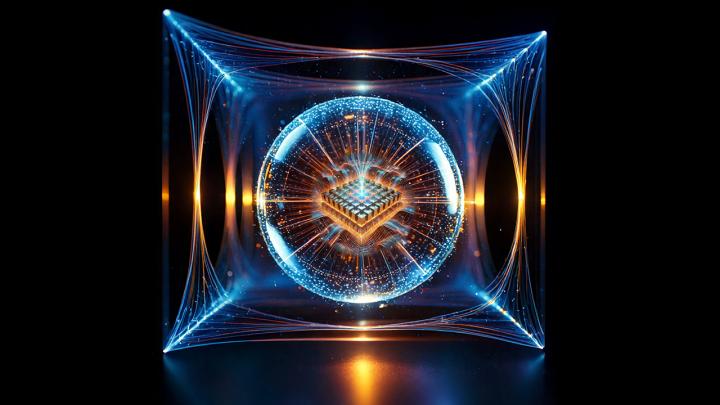 An AI-generated representation of a Fractional Quantum Hall material in a cavity