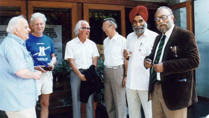 From Left: B. Richter, L. Lederman, Peter Higgs, H. Schopper, H.S. Virk and Abdus Salam during a pause of the Summer Workshop in High Energy Physics and Cosmology, ICTP, Trieste, July 1987